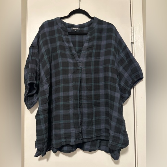 Madewell Lightspun Bubble-Sleeve Top in Plaid Dark Baltic size 4X - Picture 1 of 8
